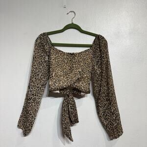 Japna Leopard Print Cropped Tie Back Long Sleeve Blouse Sz M